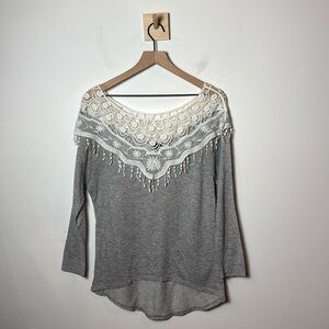 Mmmmmm Women’s Long Sleeve Grey High Low Long Sleeve Top With Lace Accent M